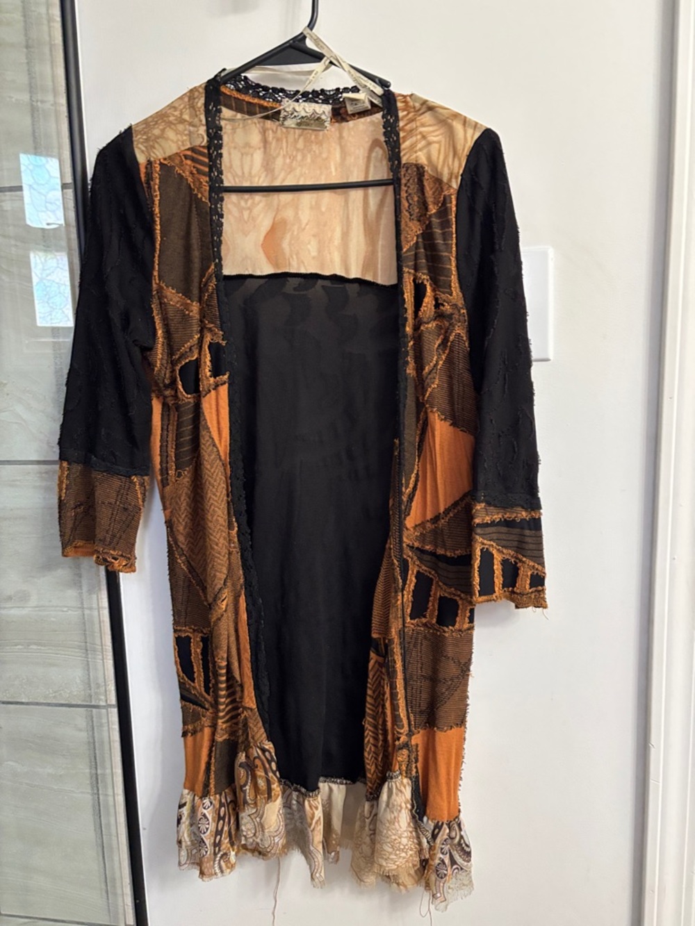 gimmicks by BKE Patchwork Open Cardigan - Black, Brown, Tan